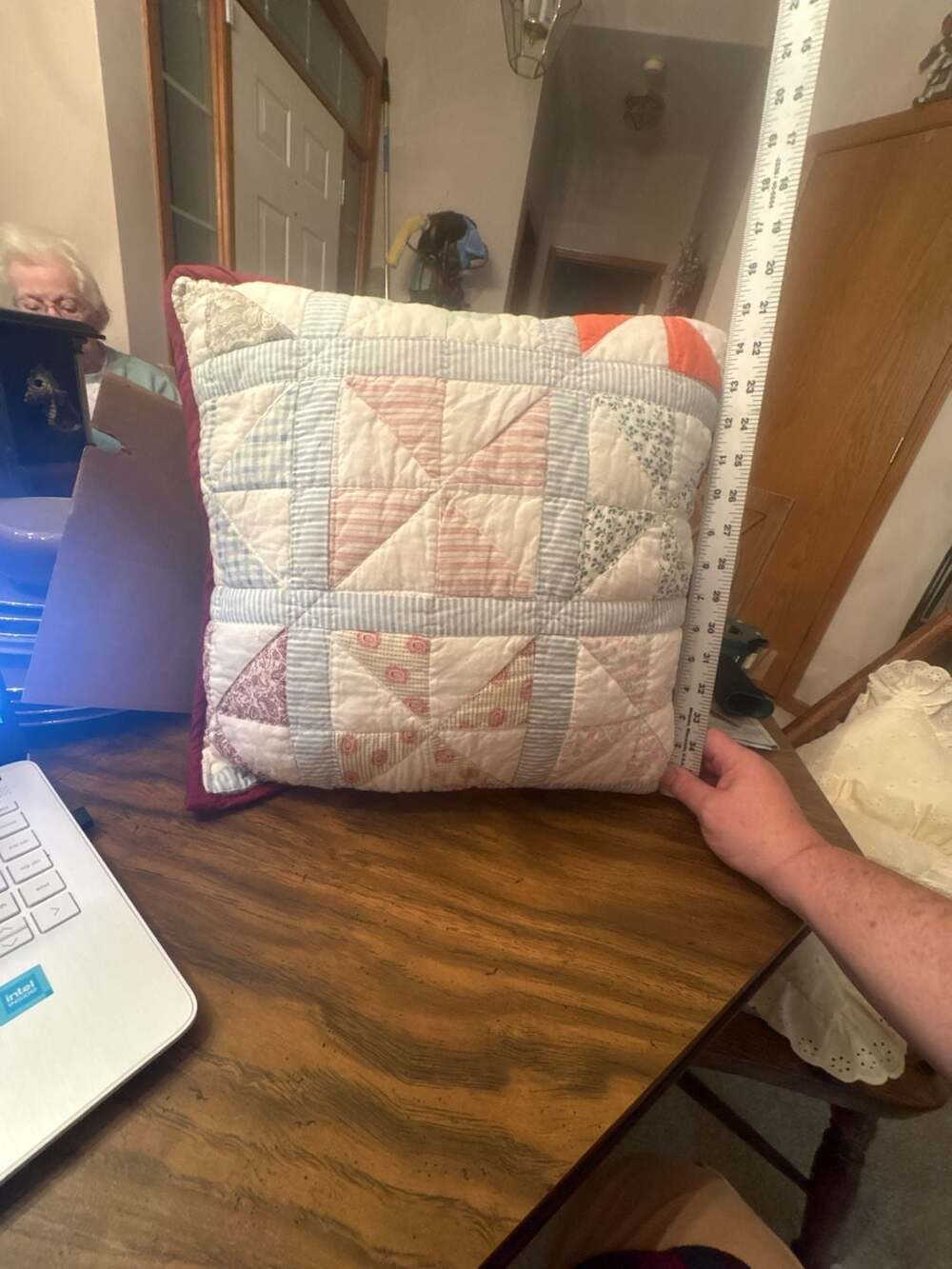 Vintage Handmade Quilt Pillow Blue Pink Red White Patchwork 16x16